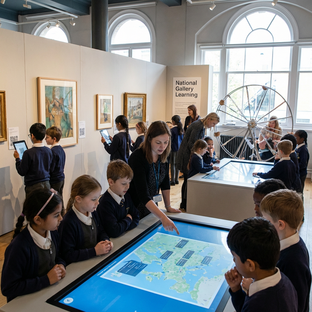 School children using interactive digital displays and tablets in a National Gallery learning space.